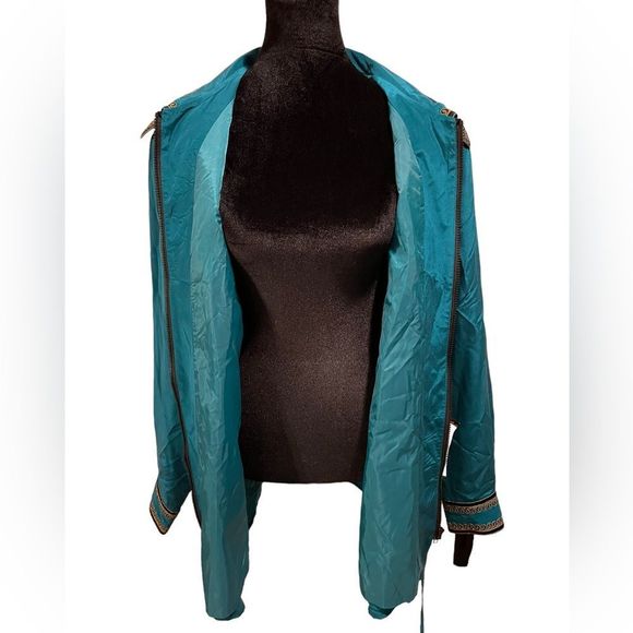 Bob Mackie NWT Vintage Teal Silk Embroidered coat front zip & drawstring size L - Picture 6 of 10